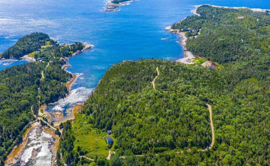 Aerial view of Owls Head Island Nova Scotia and the Red Roof